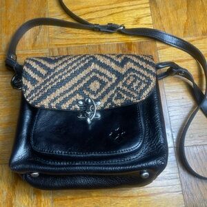 Patricia Nash Leandra Black Tan Leather Tribal Weave Flap Crossbody bag